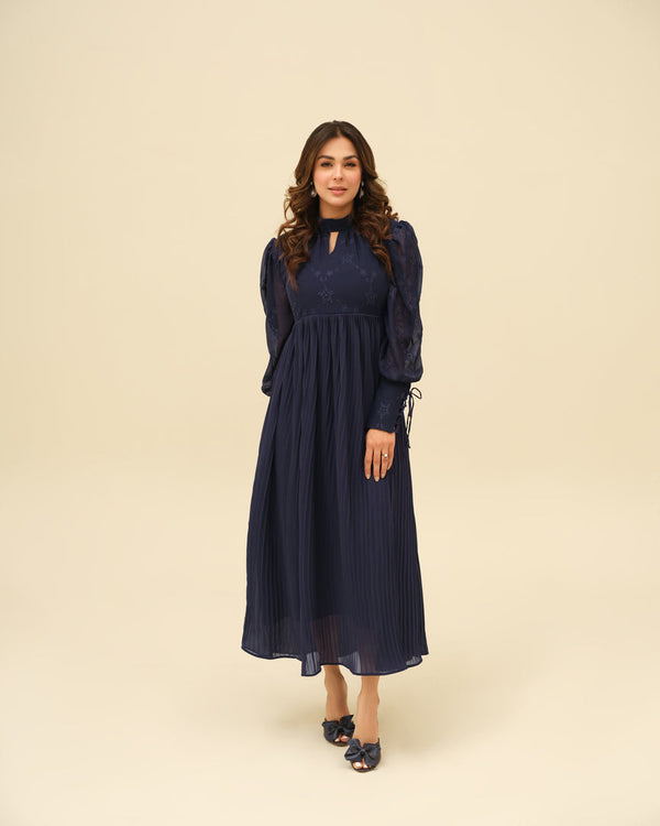 Sapphire- Embroidered Pleated Chiffon Dress