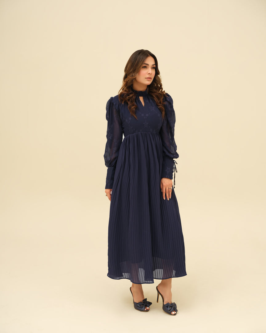 Sapphire- Embroidered Pleated Chiffon Dress