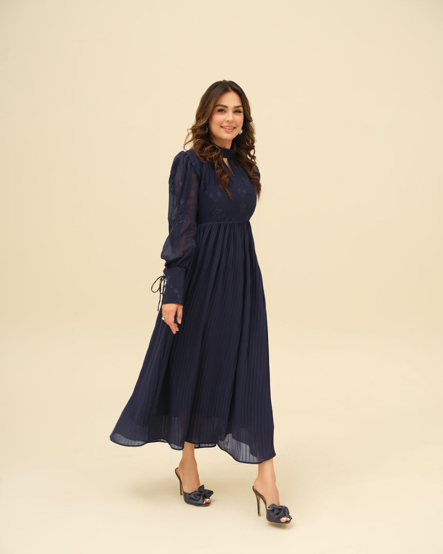 Sapphire- Embroidered Pleated Chiffon Dress