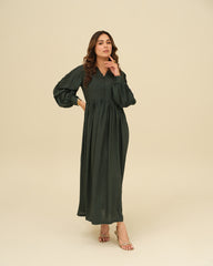 Emerald Majesty- Green Thick Linen Dress