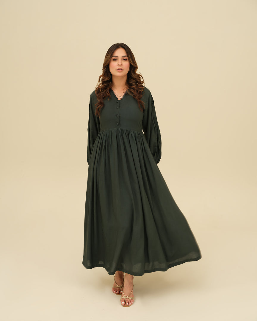 Emerald Majesty- Green Thick Linen Dress