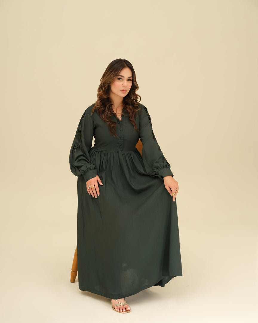 Emerald Majesty- Green Thick Linen Dress