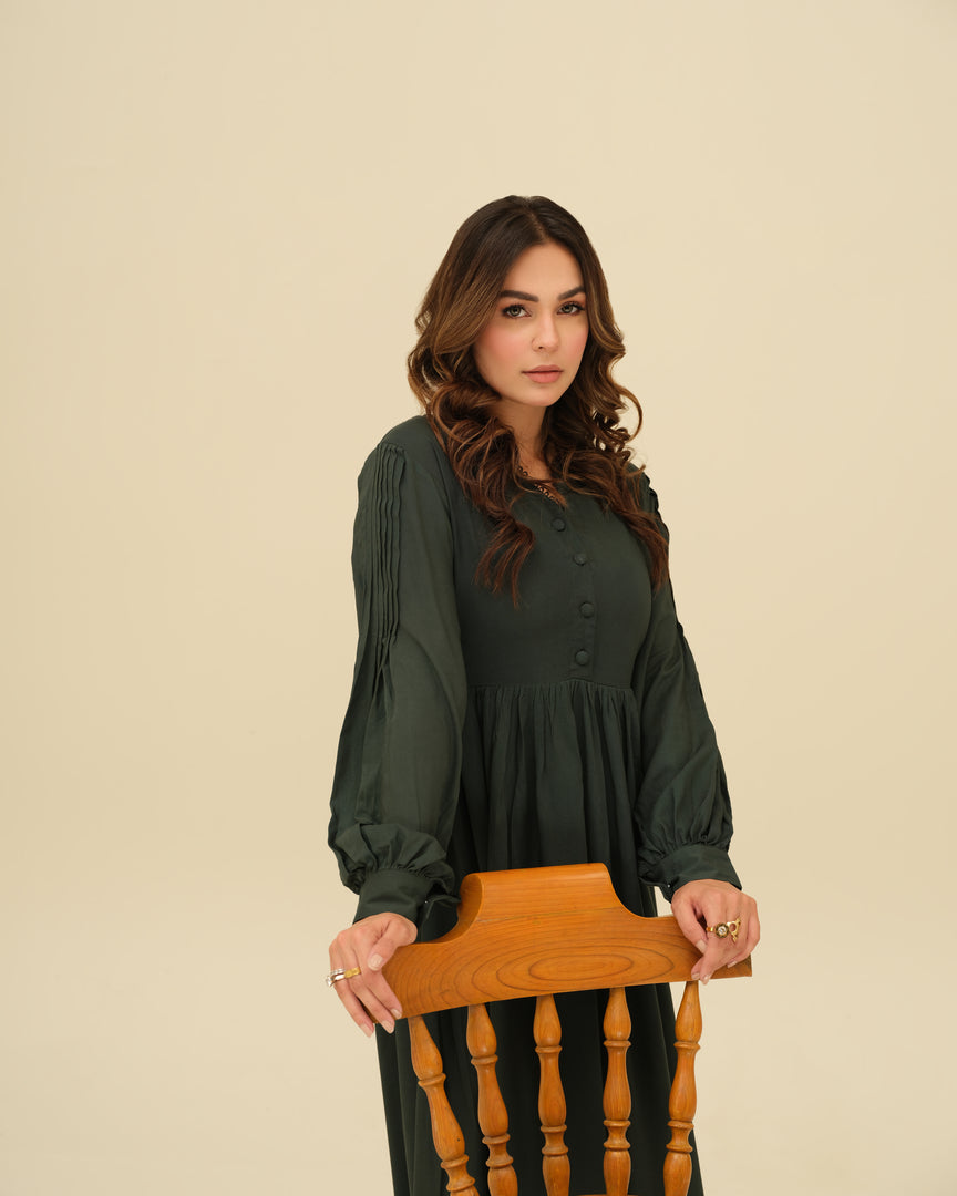 Emerald Majesty- Green Thick Linen Dress