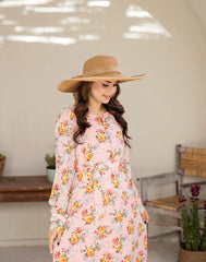 flowry chiffon applique long pink floral dress