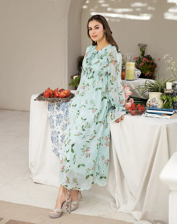 green crinkle georgette long dress