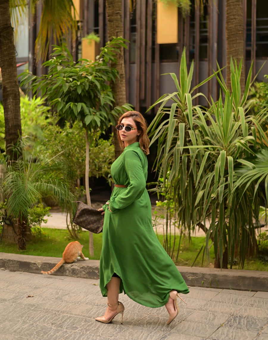 linen green long dress