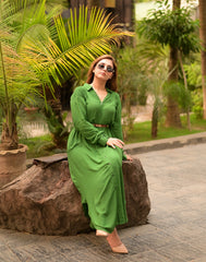 linen green long dress with belt