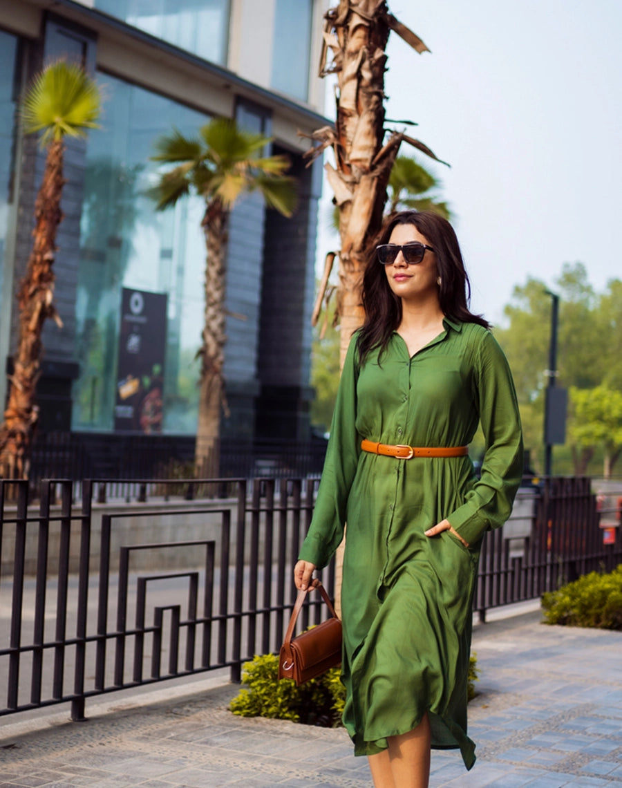 linen green long party dress